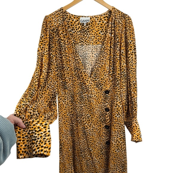 Ganni Wrap-effect Yellow Leopard Print Crepe Buttoned Midi Dress Long Sleeve 42 - Picture 3 of 16